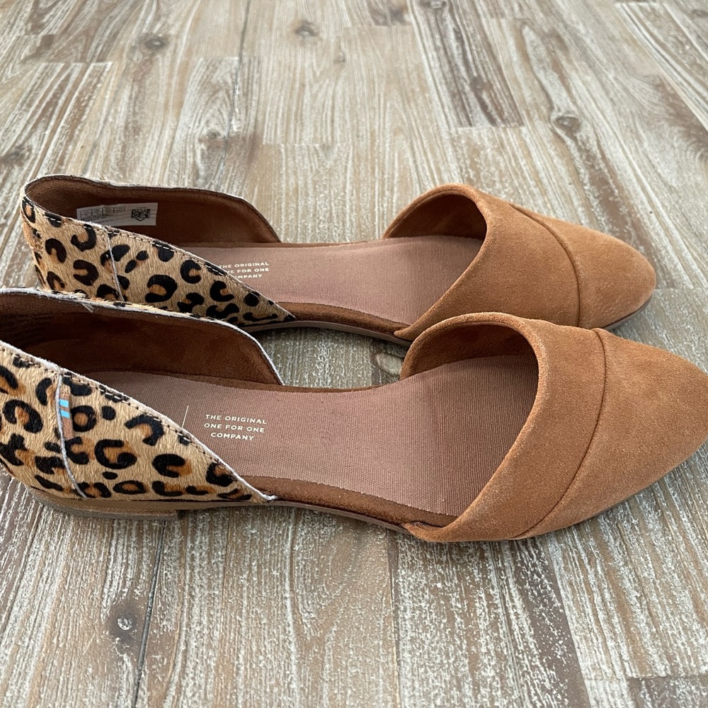 Womens TOMS Julie D’orsay Carmel Brown Suede/Leopard Print Point Toe Flat Size 9